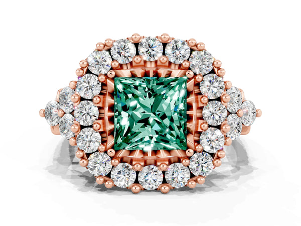 Rose gold Princess Cut Green Sapphire Halo Ring with Pavé Band and Four-Prong Setting