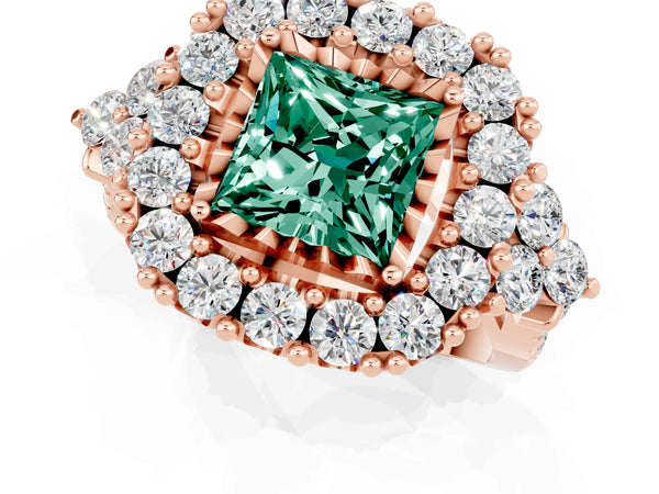 Rose gold Princess Cut Green Sapphire Halo Ring with Pavé Band and Four-Prong Setting