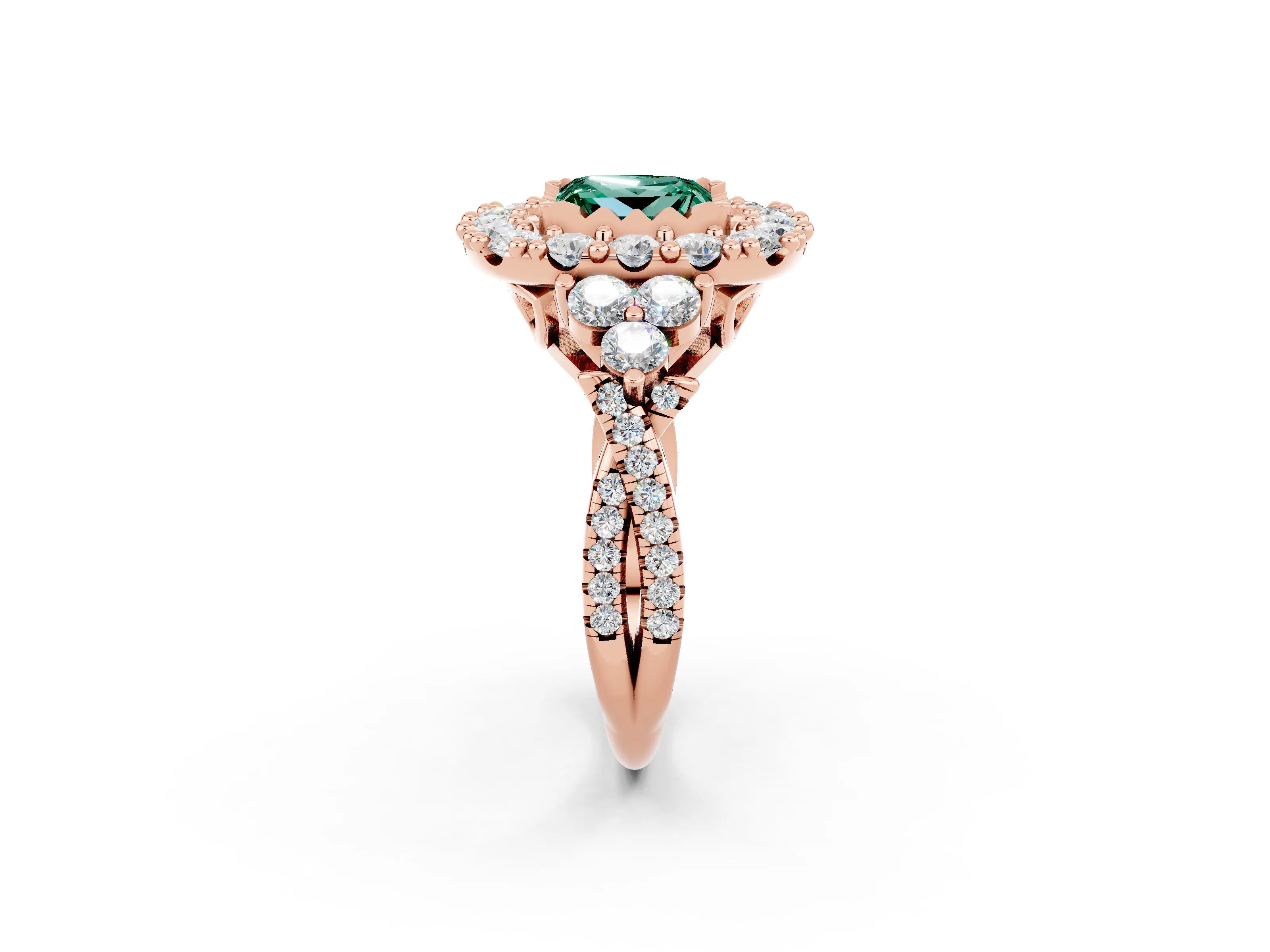 Rose gold Princess Cut Green Sapphire Halo Ring with Pavé Band and Four-Prong Setting_14
