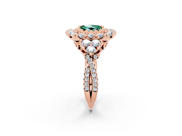 Rose gold Princess Cut Green Sapphire Halo Ring with Pavé Band and Four-Prong Setting