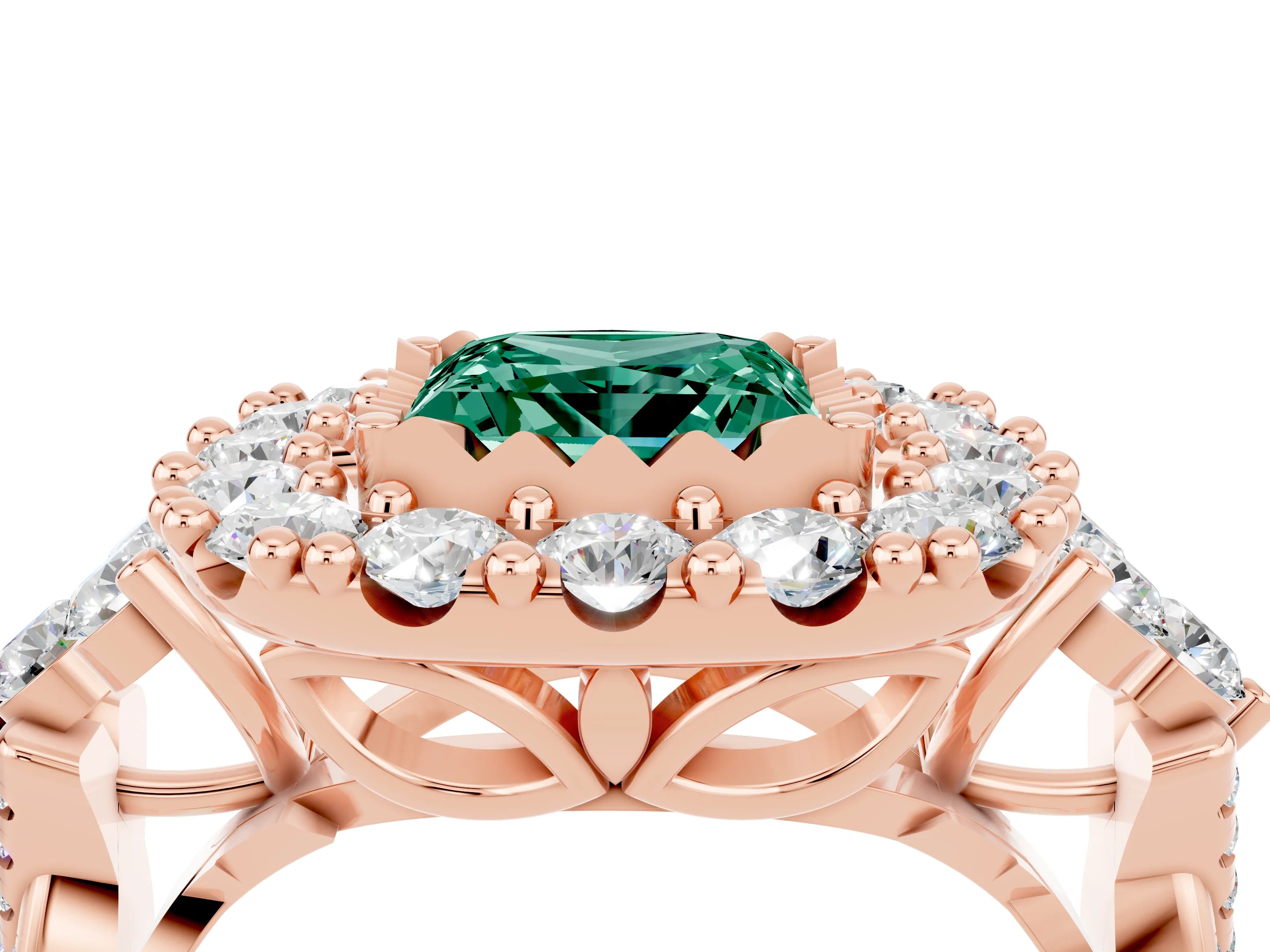 Rose gold Princess Cut Green Sapphire Halo Ring with Pavé Band and Four-Prong Setting_16