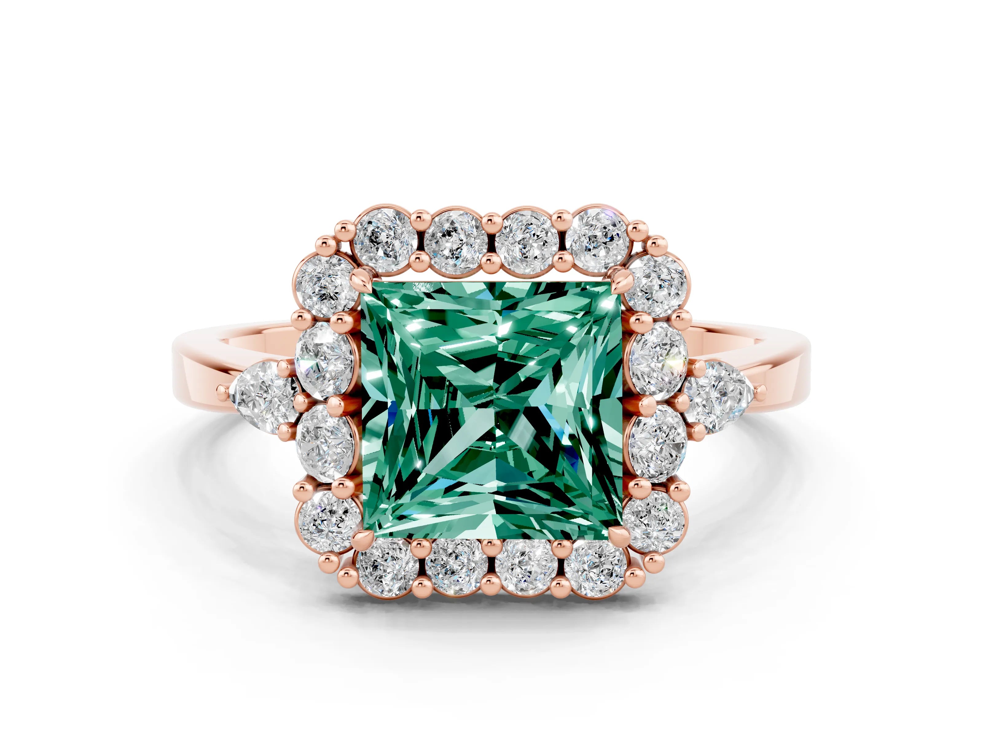 Rose gold Princess Cut Green Sapphire Halo Ring with Pear Side Stones and Prong Setting_12