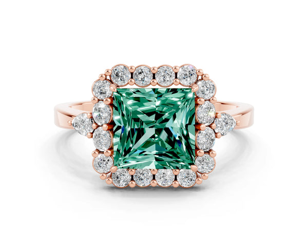 Rose gold Princess Cut Green Sapphire Halo Ring with Pear Side Stones and Prong Setting