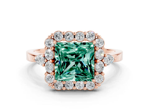 Rose gold Princess Cut Green Sapphire Halo Ring with Pear Side Stones and Prong Setting_12
