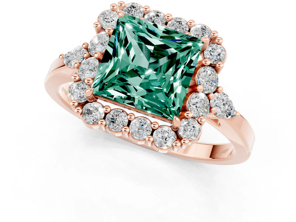 Rose gold Princess Cut Green Sapphire Halo Ring with Pear Side Stones and Prong Setting