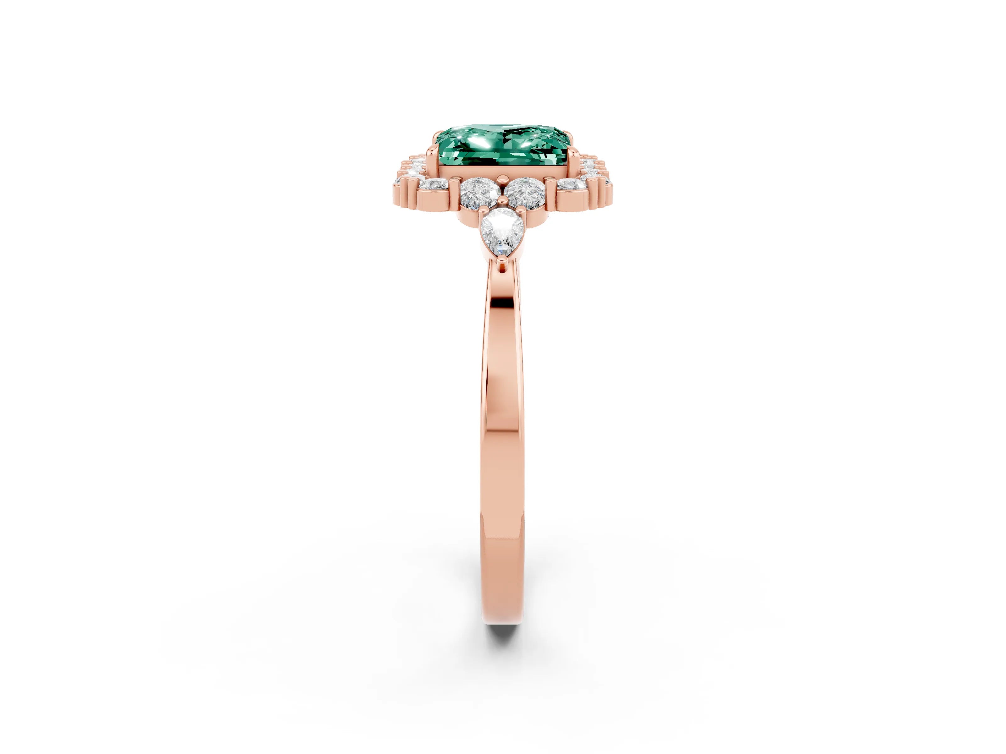 Rose gold Princess Cut Green Sapphire Halo Ring with Pear Side Stones and Prong Setting_14