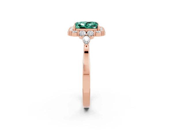 Rose gold Princess Cut Green Sapphire Halo Ring with Pear Side Stones and Prong Setting