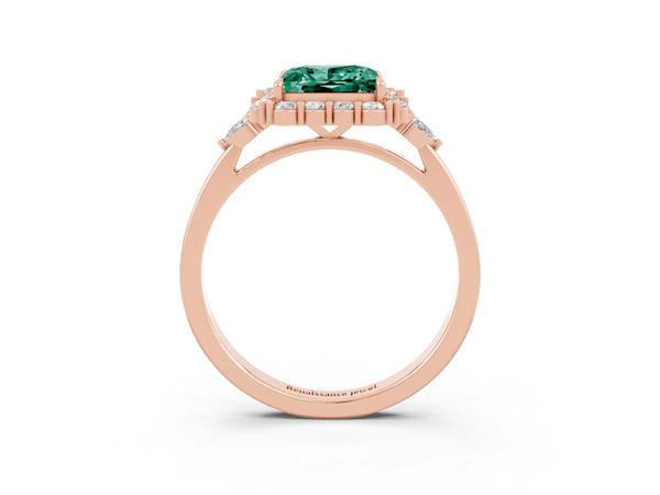 Rose gold Princess Cut Green Sapphire Halo Ring with Pear Side Stones and Prong Setting