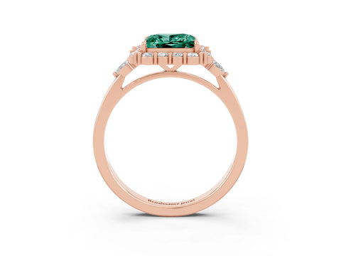 Rose gold Princess Cut Green Sapphire Halo Ring with Pear Side Stones and Prong Setting_15