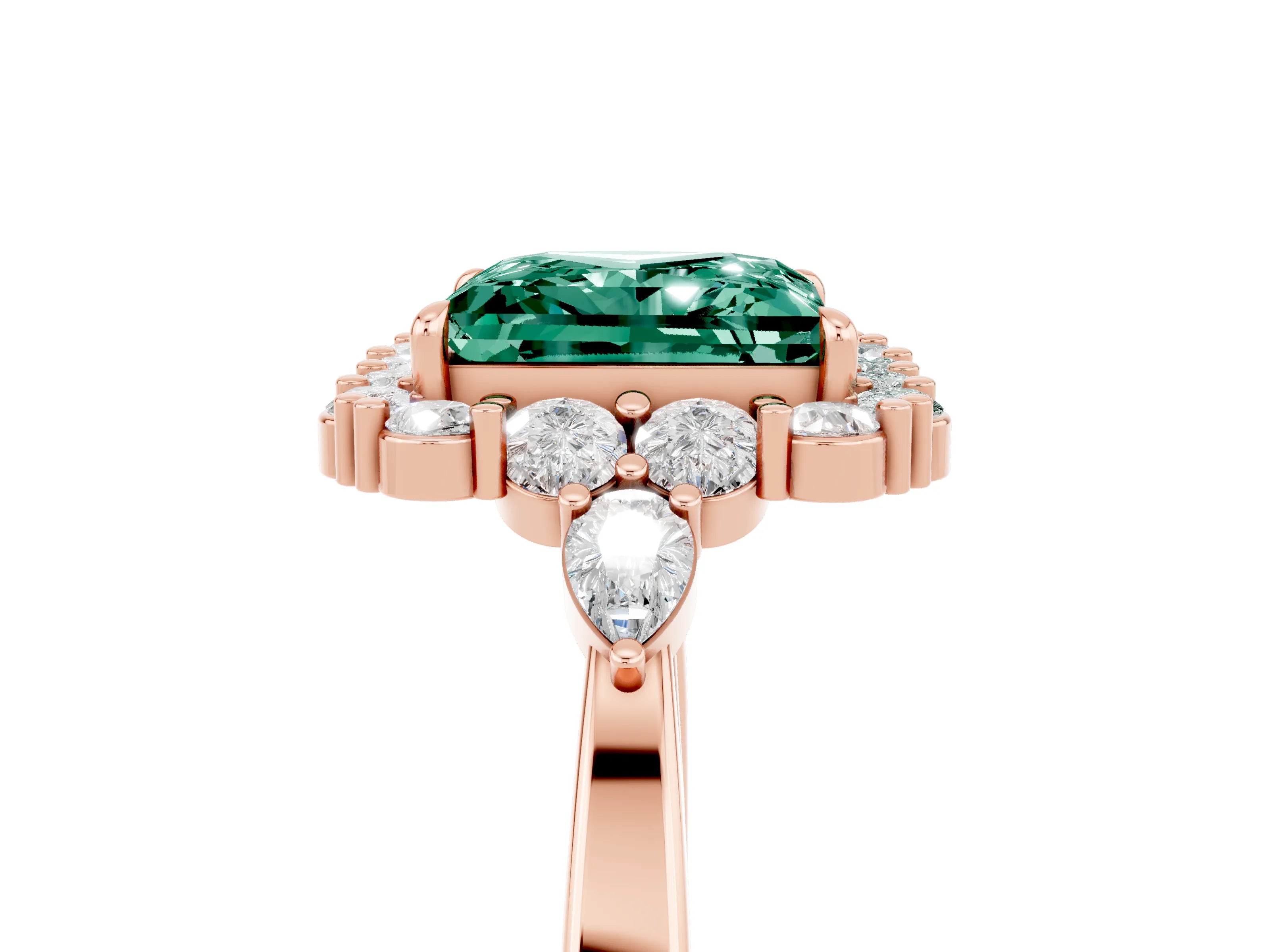 Rose gold Princess Cut Green Sapphire Halo Ring with Pear Side Stones and Prong Setting_17