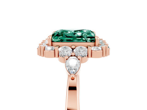 Rose gold Princess Cut Green Sapphire Halo Ring with Pear Side Stones and Prong Setting_17