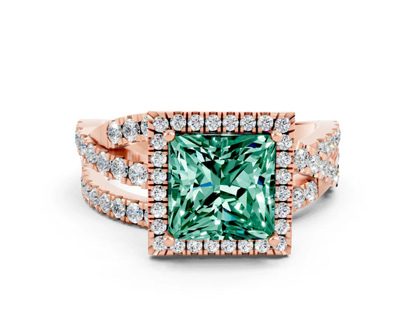 Rose gold Princess Cut Green Sapphire Halo Ring with Round Split Shank and Prong Setting
