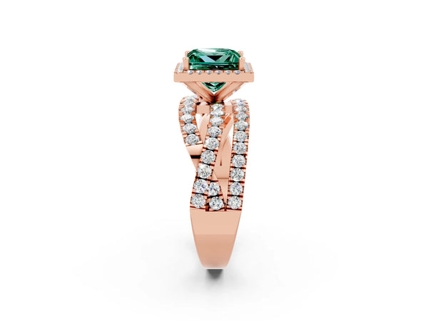 Rose gold Princess Cut Green Sapphire Halo Ring with Round Split Shank and Prong Setting