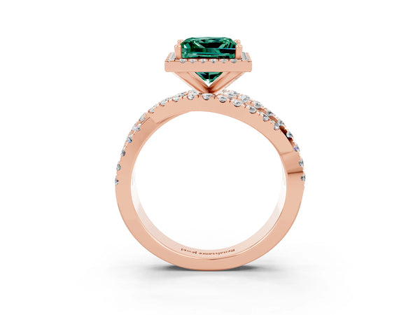 Rose gold Princess Cut Green Sapphire Halo Ring with Round Split Shank and Prong Setting