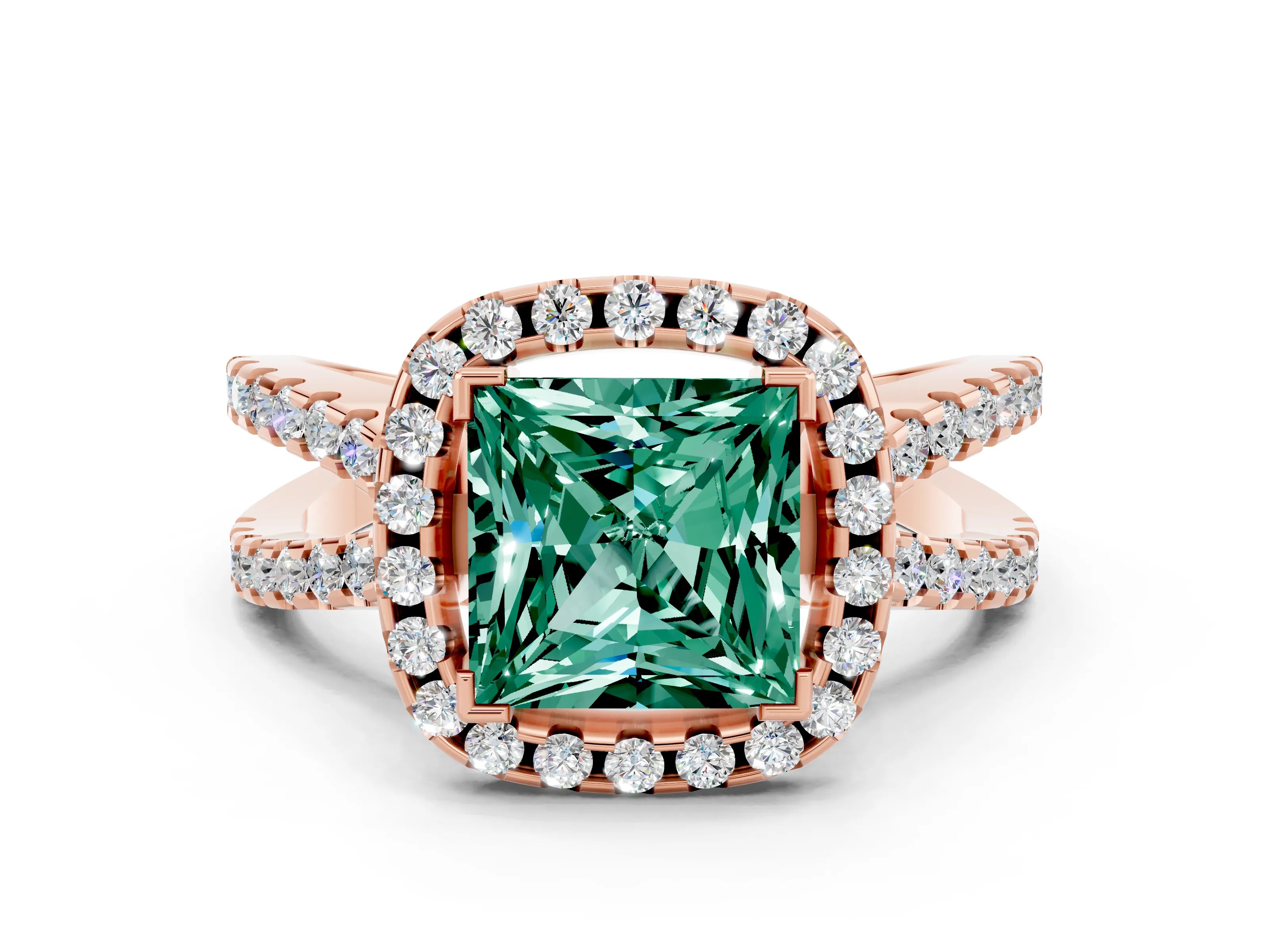 Rose gold Princess Cut Green Sapphire Halo Ring with Split Shank Pavé Band and Prong Setting