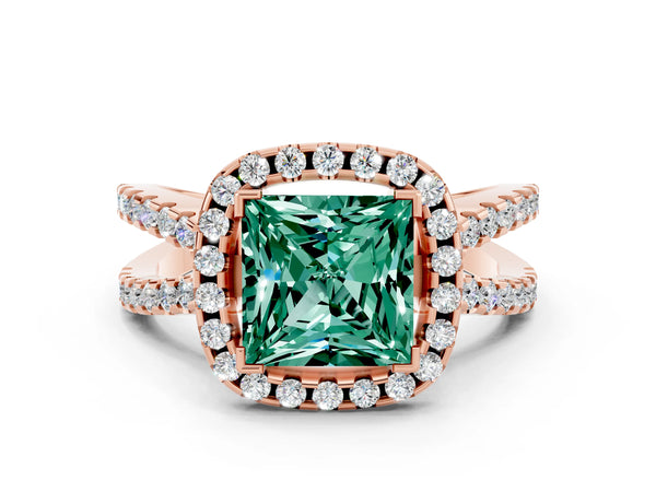 Rose gold Princess Cut Green Sapphire Halo Ring with Split Shank Pavé Band and Prong Setting