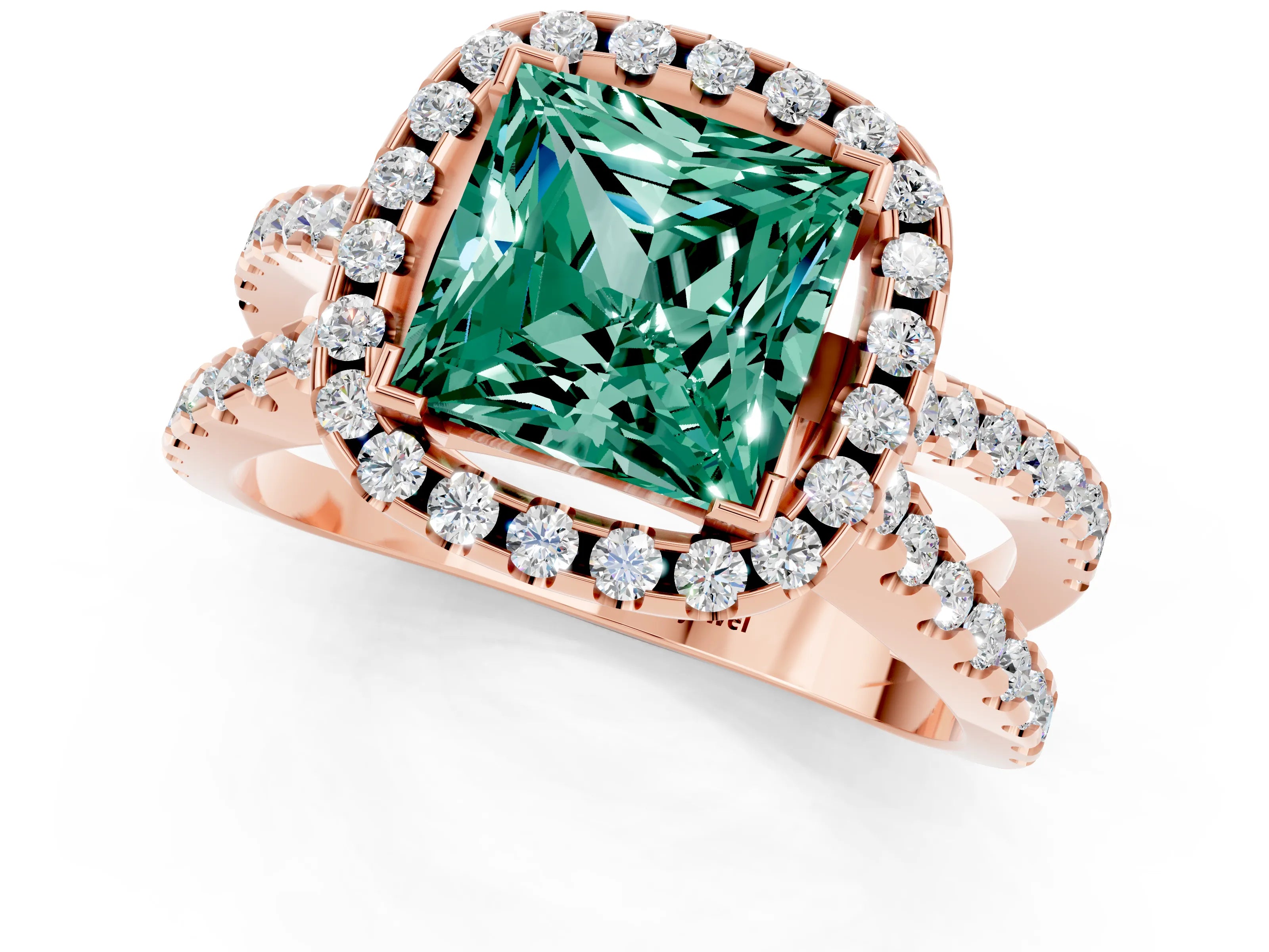 Rose gold Princess Cut Green Sapphire Halo Ring with Split Shank Pavé Band and Prong Setting_1