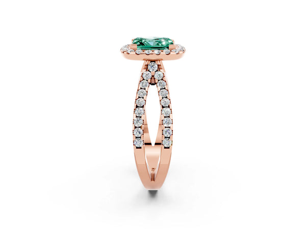 Rose gold Princess Cut Green Sapphire Halo Ring with Split Shank Pavé Band and Prong Setting