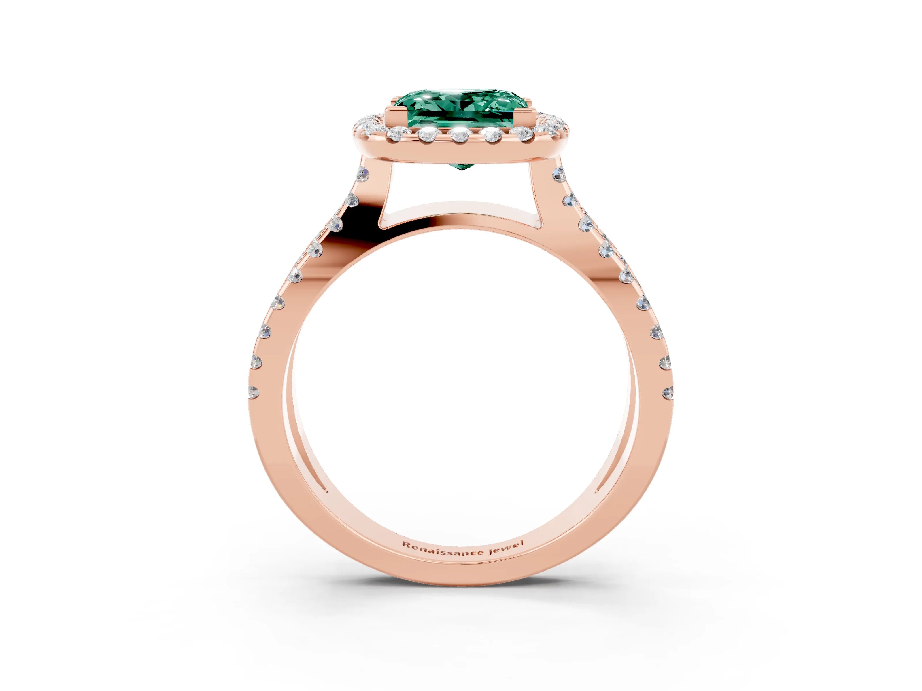 Rose gold Princess Cut Green Sapphire Halo Ring with Split Shank Pavé Band and Prong Setting_3