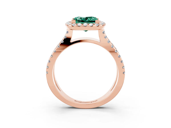 Rose gold Princess Cut Green Sapphire Halo Ring with Split Shank Pavé Band and Prong Setting