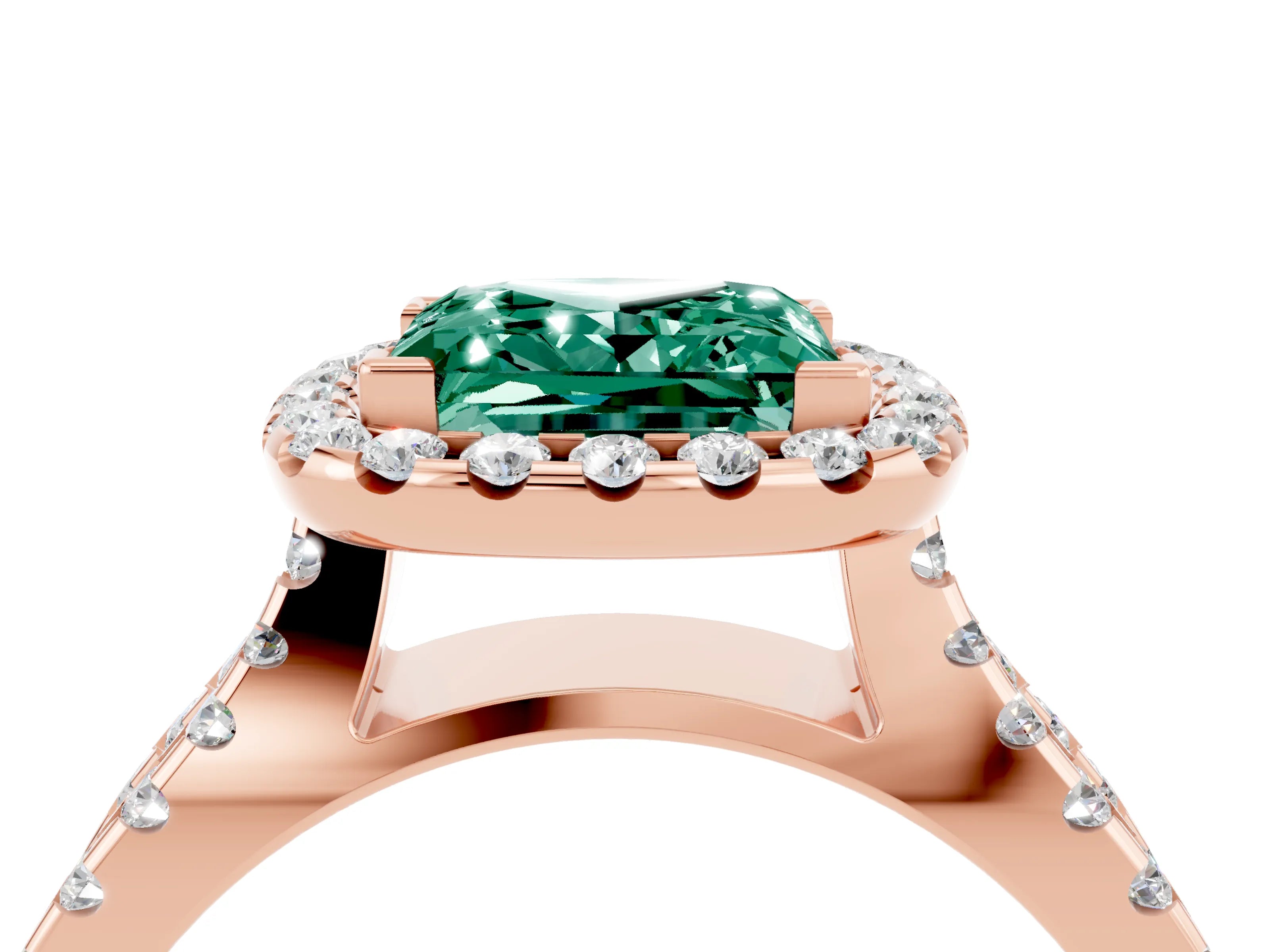 Rose gold Princess Cut Green Sapphire Halo Ring with Split Shank Pavé Band and Prong Setting_4