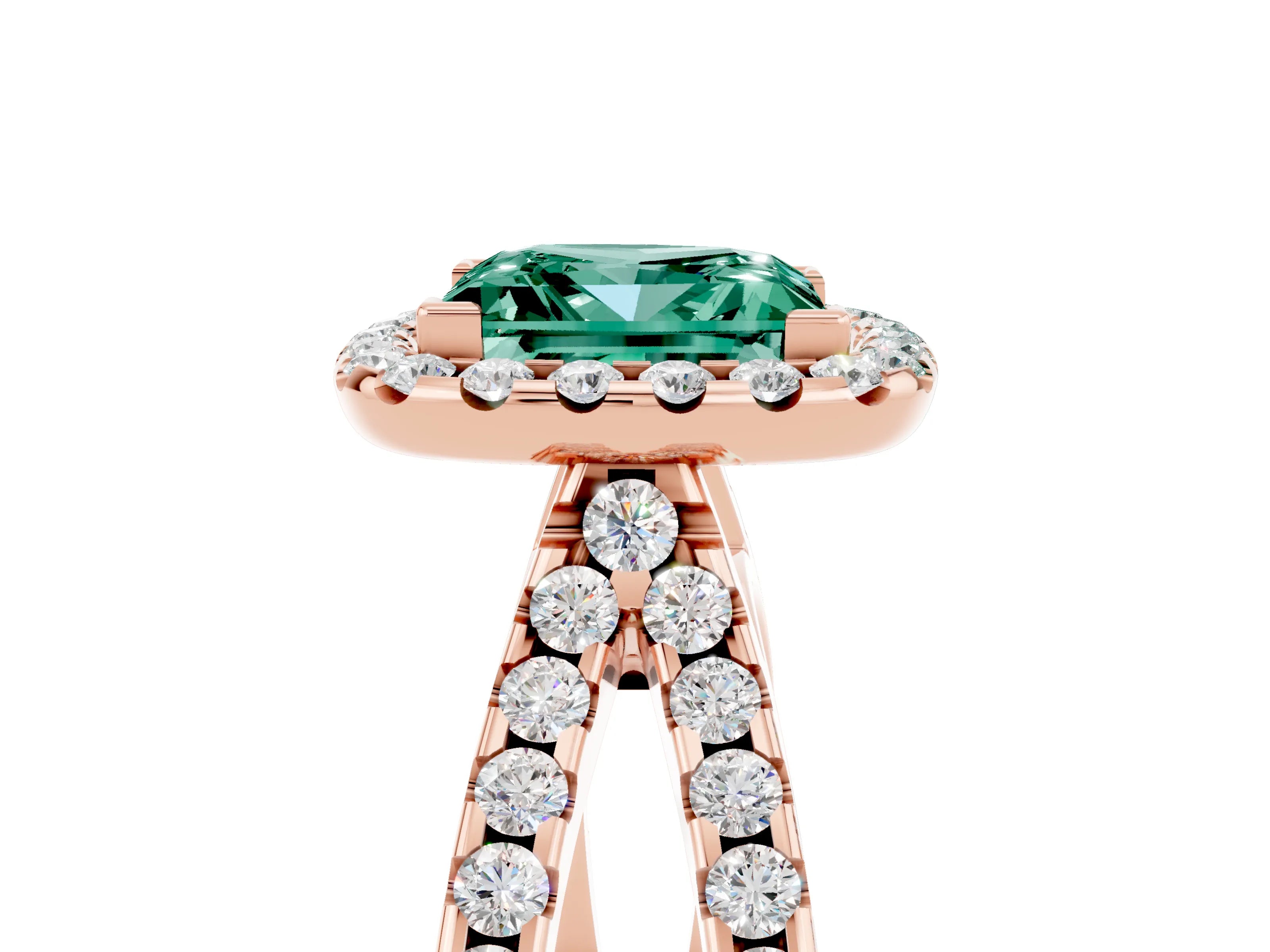 Rose gold Princess Cut Green Sapphire Halo Ring with Split Shank Pavé Band and Prong Setting_5