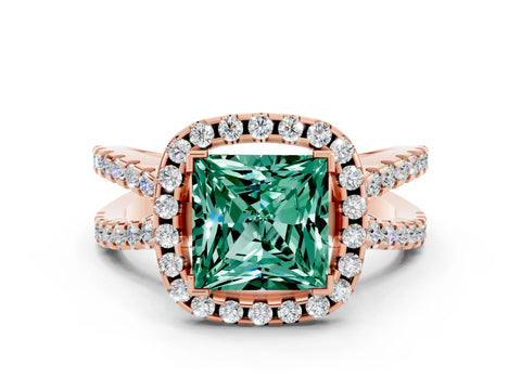Rose gold Princess Cut Green Sapphire Halo Ring with Split Shank Pavé Band and Prong Setting
