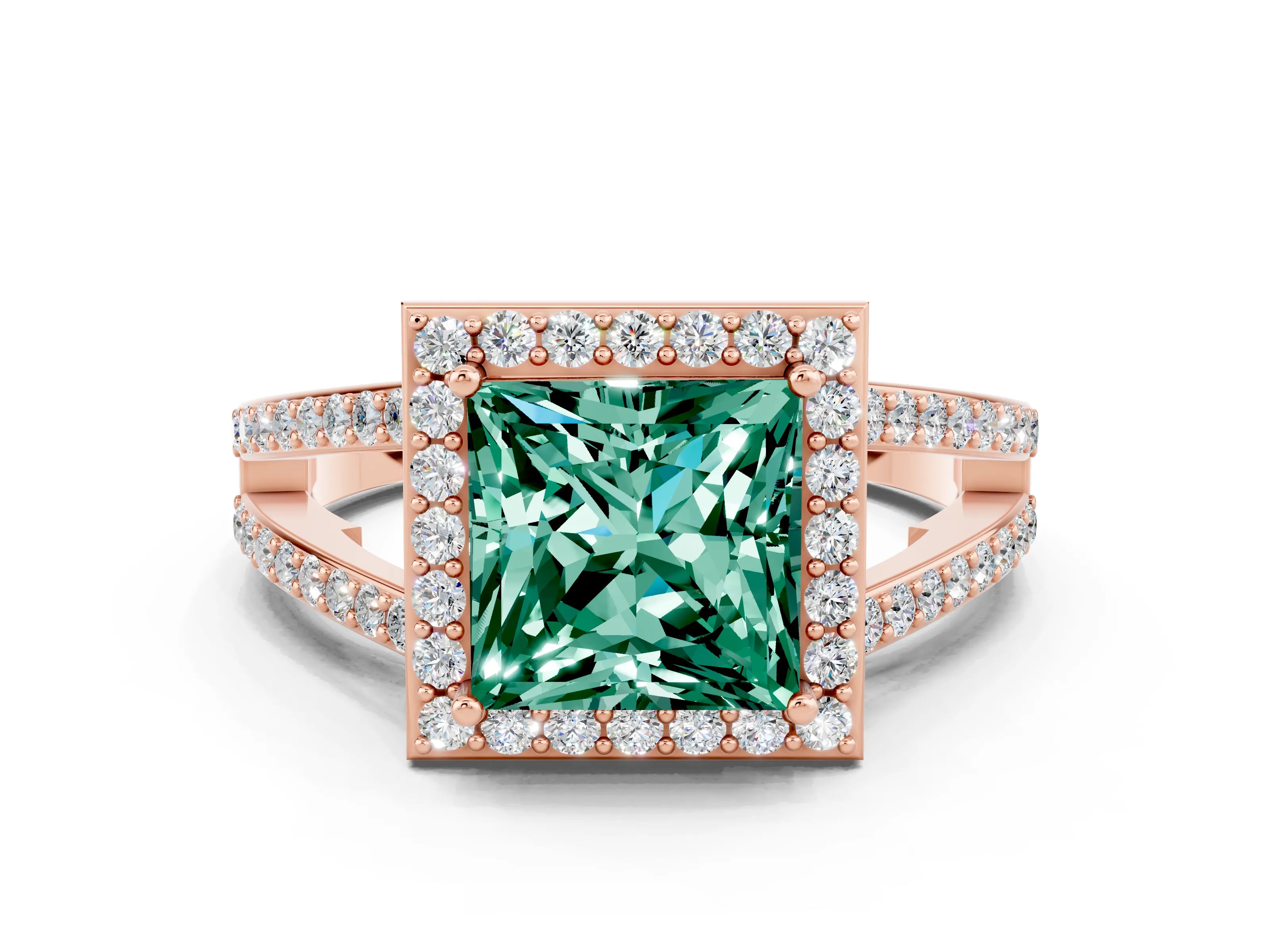 Rose gold Princess Cut Green Sapphire Halo Ring with Split Shank U-Prong Band and Four-Prong Setting