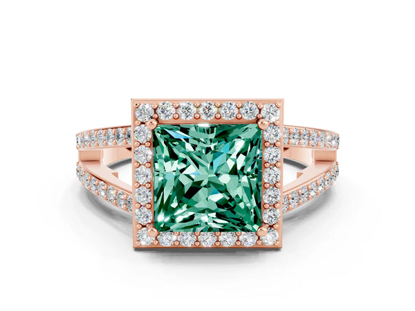 Rose gold Princess Cut Green Sapphire Halo Ring with Split Shank U-Prong Band and Four-Prong Setting