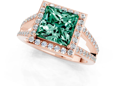 Rose gold Princess Cut Green Sapphire Halo Ring with Split Shank U-Prong Band and Four-Prong Setting_1