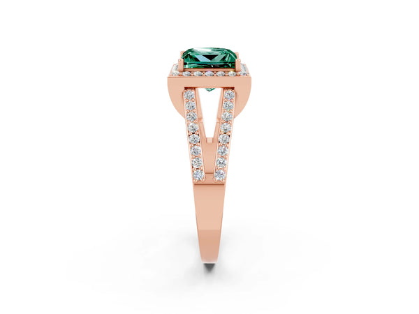 Rose gold Princess Cut Green Sapphire Halo Ring with Split Shank U-Prong Band and Four-Prong Setting