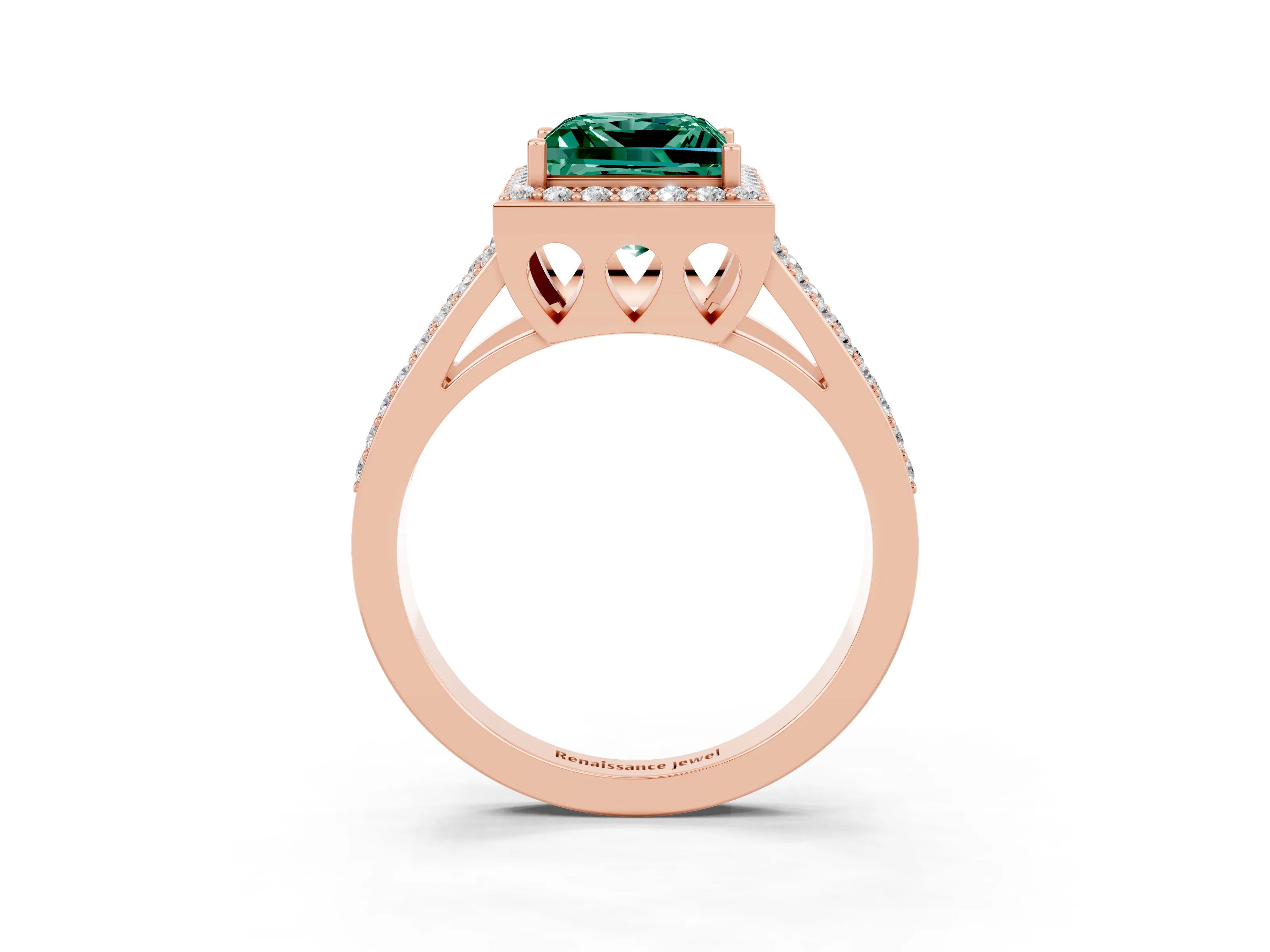 Rose gold Princess Cut Green Sapphire Halo Ring with Split Shank U-Prong Band and Four-Prong Setting_3