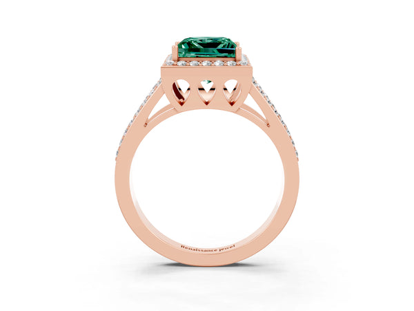 Rose gold Princess Cut Green Sapphire Halo Ring with Split Shank U-Prong Band and Four-Prong Setting