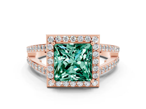 Rose gold Princess Cut Green Sapphire Halo Ring with Split Shank U-Prong Band and Four-Prong Setting