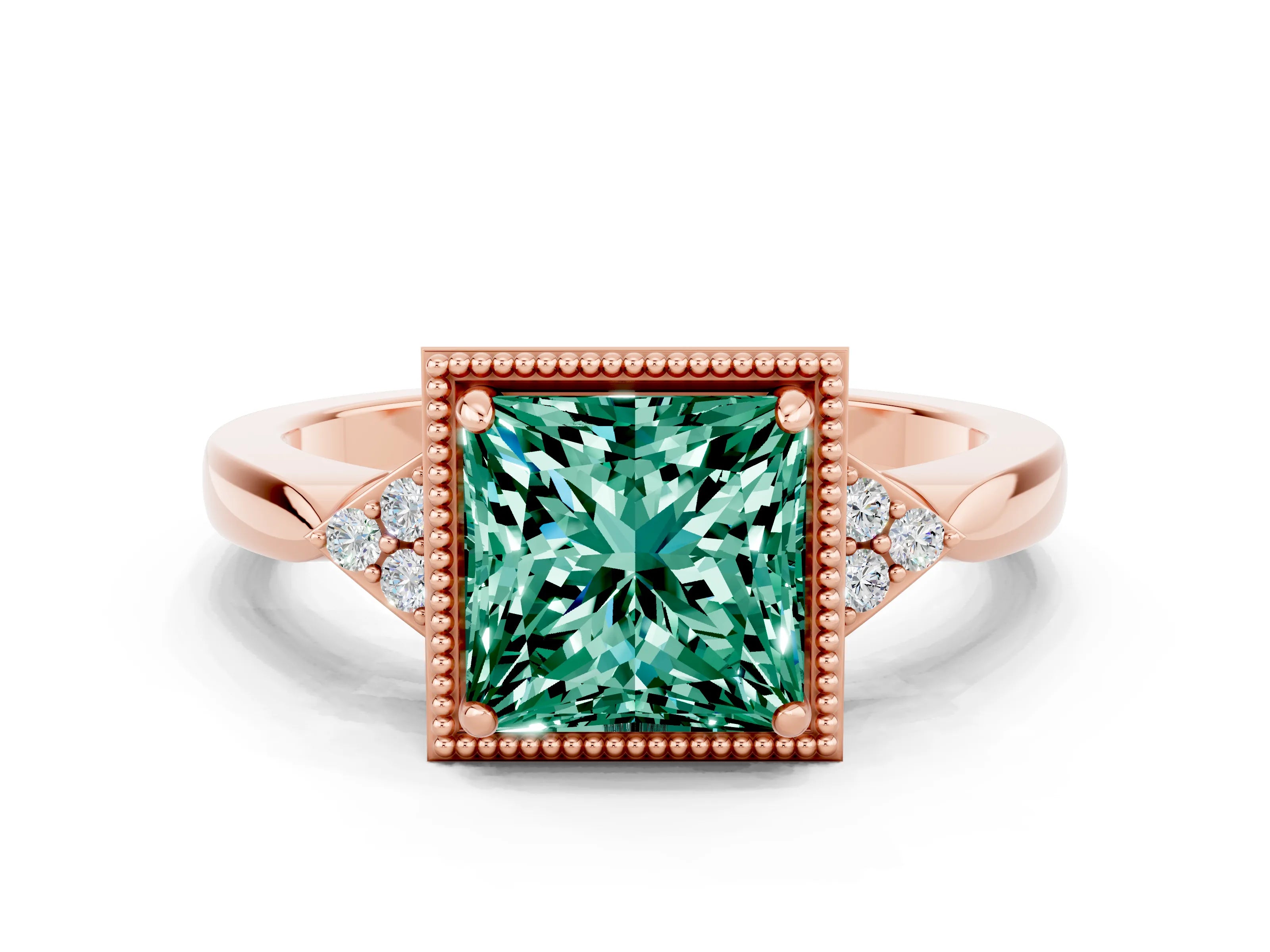 Rose gold Princess Cut Green Sapphire Halo Ring with Tapered Band and Four-Prong Setting