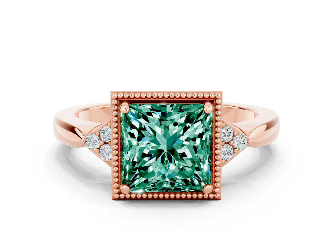 Rose gold Princess Cut Green Sapphire Halo Ring with Tapered Band and Four-Prong Setting