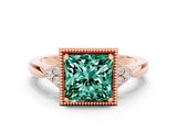 Rose gold Princess Cut Green Sapphire Halo Ring with Tapered Band and Four-Prong Setting