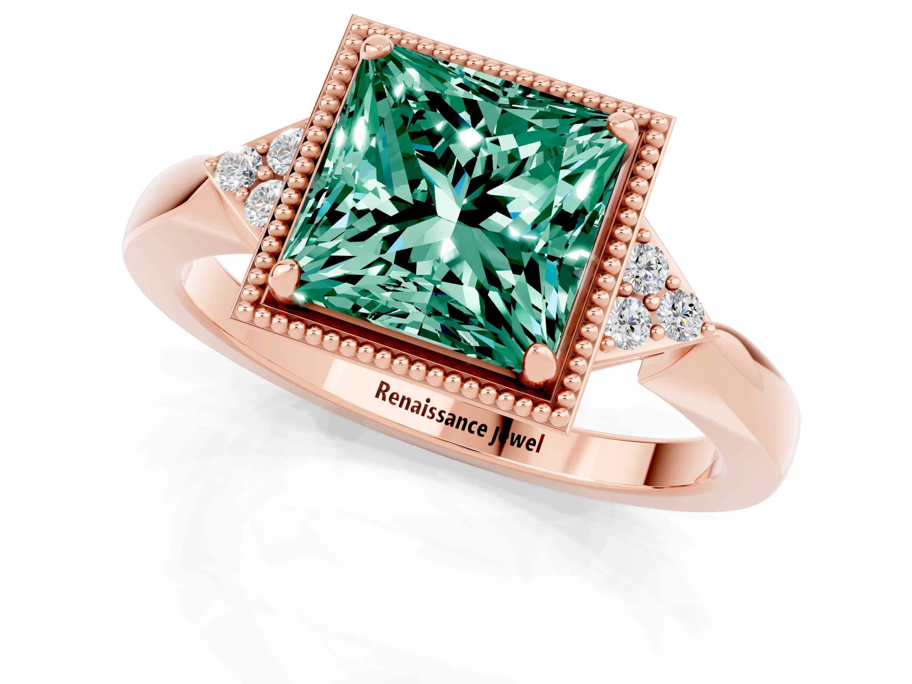 Rose gold Princess Cut Green Sapphire Halo Ring with Tapered Band and Four-Prong Setting_1