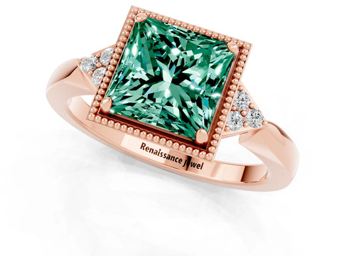 Rose gold Princess Cut Green Sapphire Halo Ring with Tapered Band and Four-Prong Setting_1