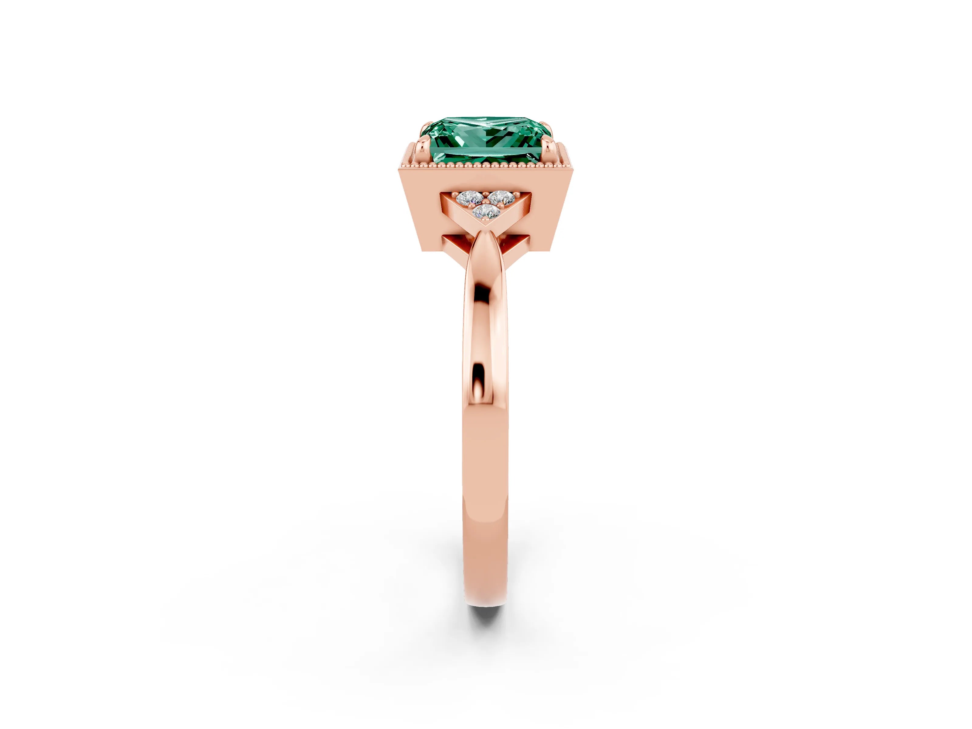 Rose gold Princess Cut Green Sapphire Halo Ring with Tapered Band and Four-Prong Setting_2