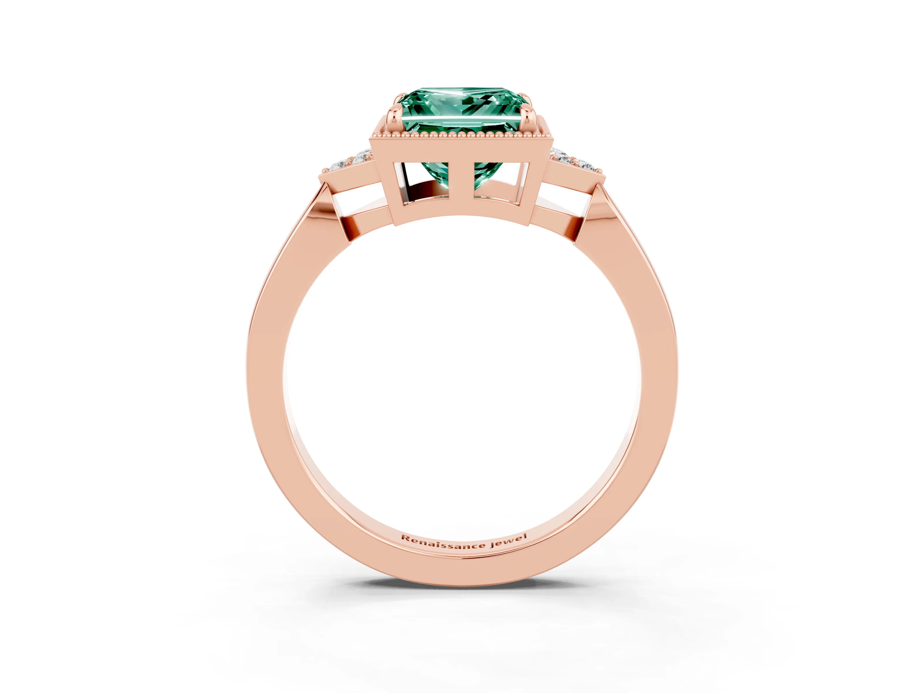 Rose gold Princess Cut Green Sapphire Halo Ring with Tapered Band and Four-Prong Setting_3