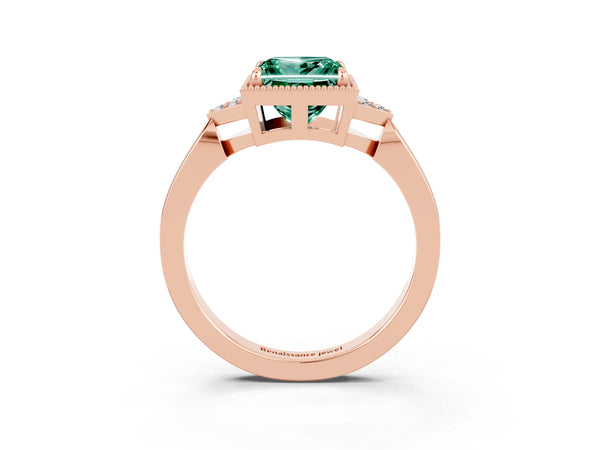Rose gold Princess Cut Green Sapphire Halo Ring with Tapered Band and Four-Prong Setting