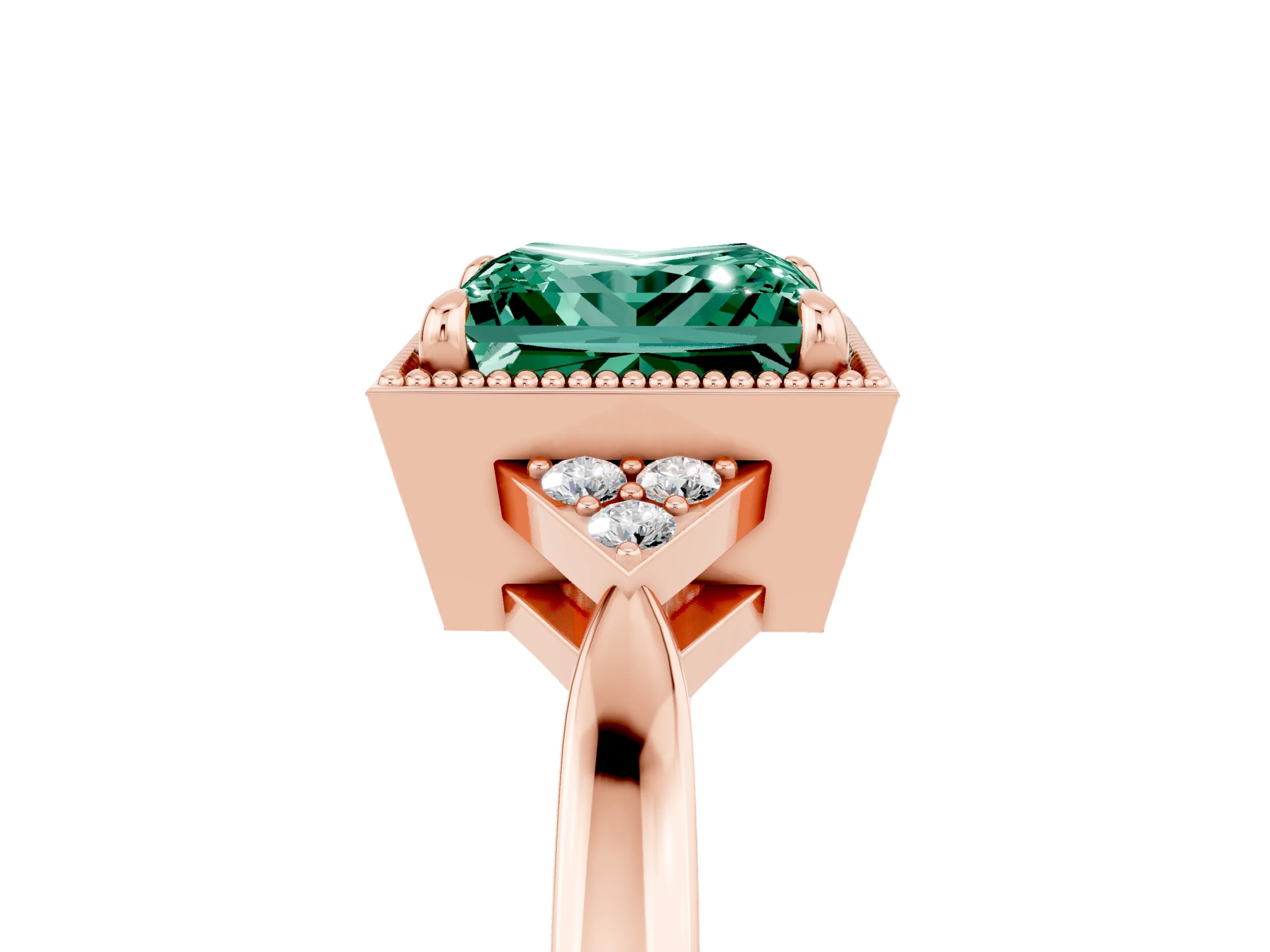 Rose gold Princess Cut Green Sapphire Halo Ring with Tapered Band and Four-Prong Setting_5