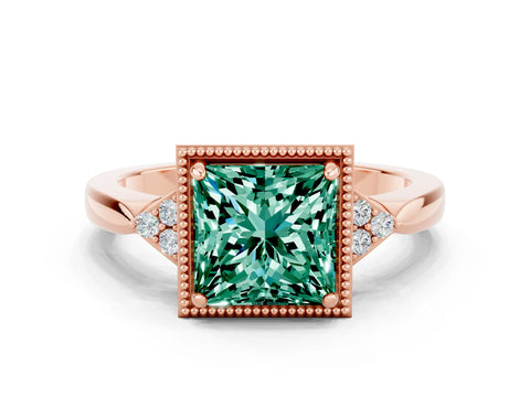 Rose gold Princess Cut Green Sapphire Halo Ring with Tapered Band and Four-Prong Setting