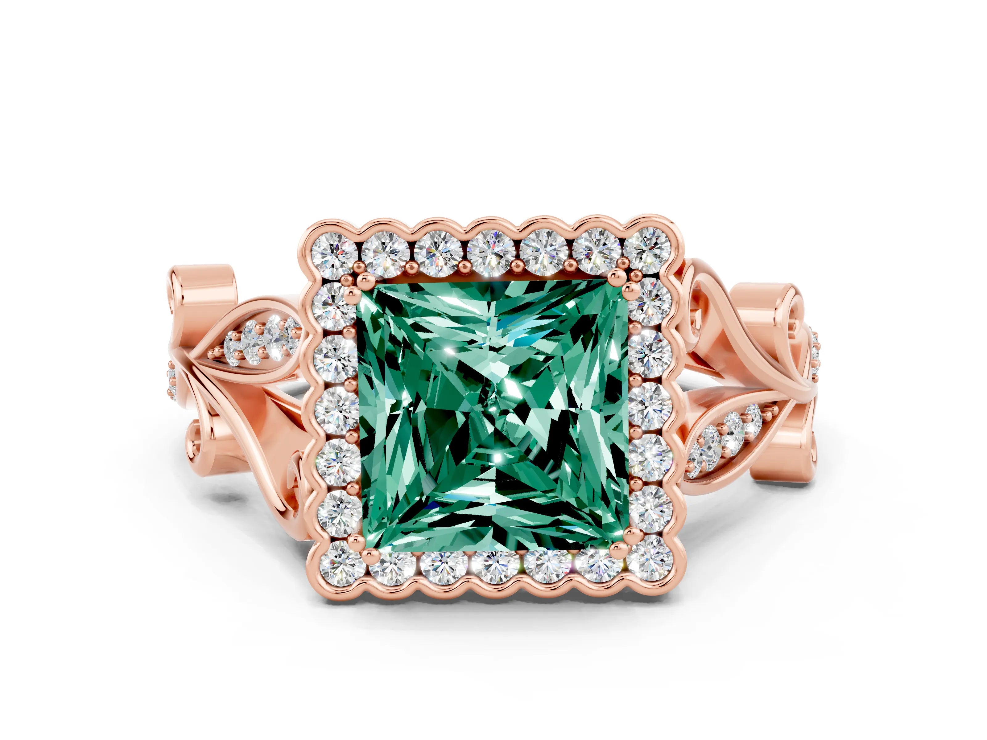 Rose gold Princess Cut Green Sapphire Halo Ring with Vintage Split Shank and Four-Prong Setting