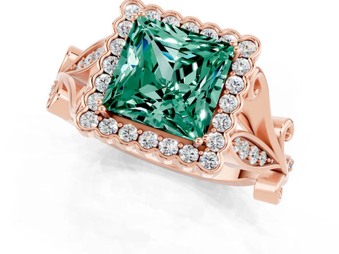 Rose gold Princess Cut Green Sapphire Halo Ring with Vintage Split Shank and Four-Prong Setting_1