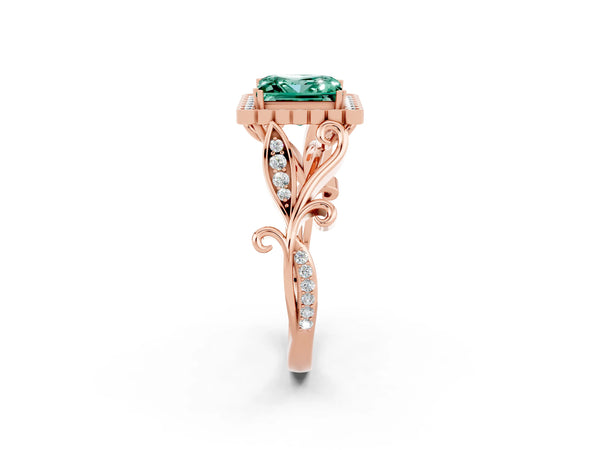 Rose gold Princess Cut Green Sapphire Halo Ring with Vintage Split Shank and Four-Prong Setting