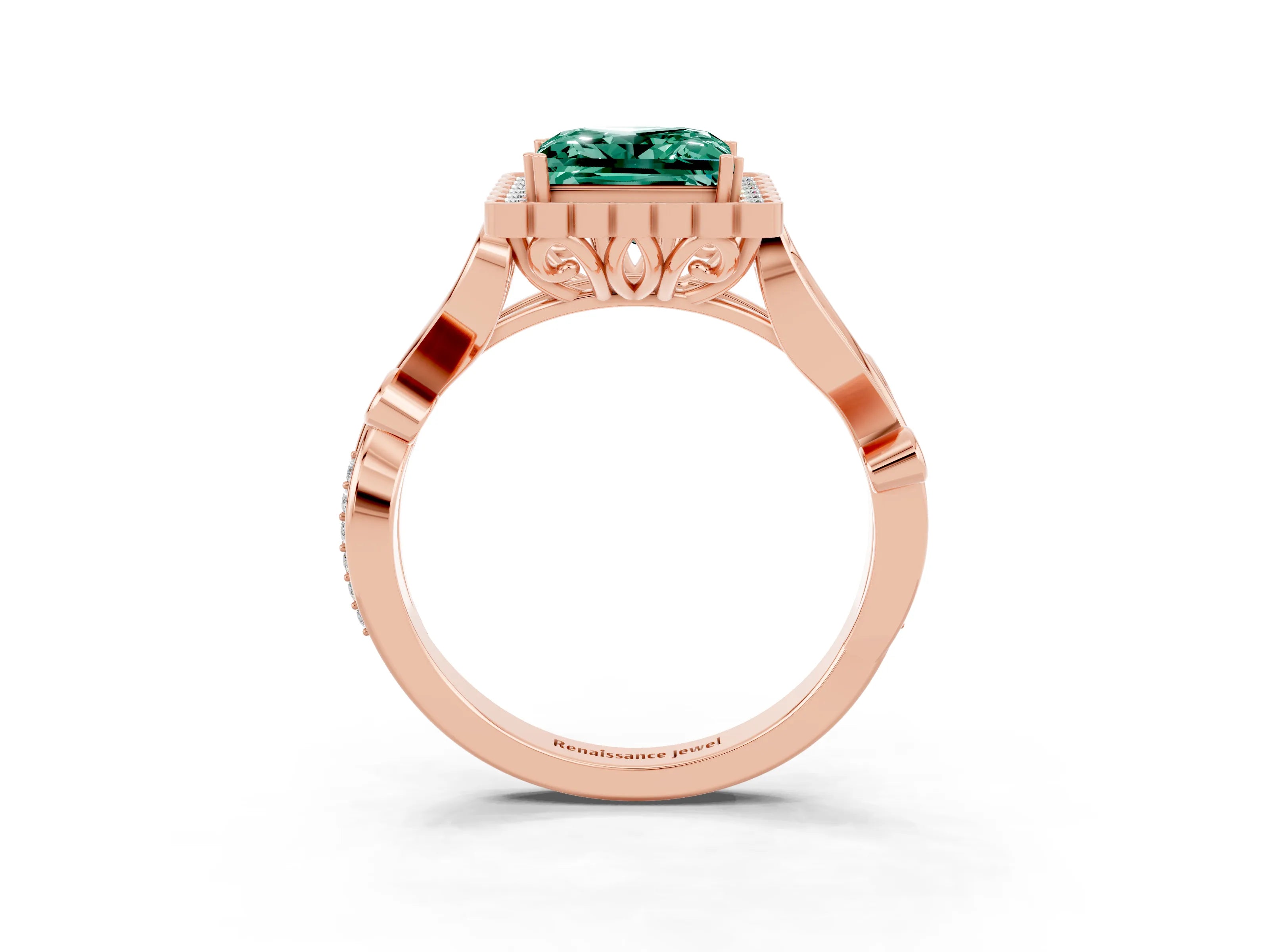 Rose gold Princess Cut Green Sapphire Halo Ring with Vintage Split Shank and Four-Prong Setting_3