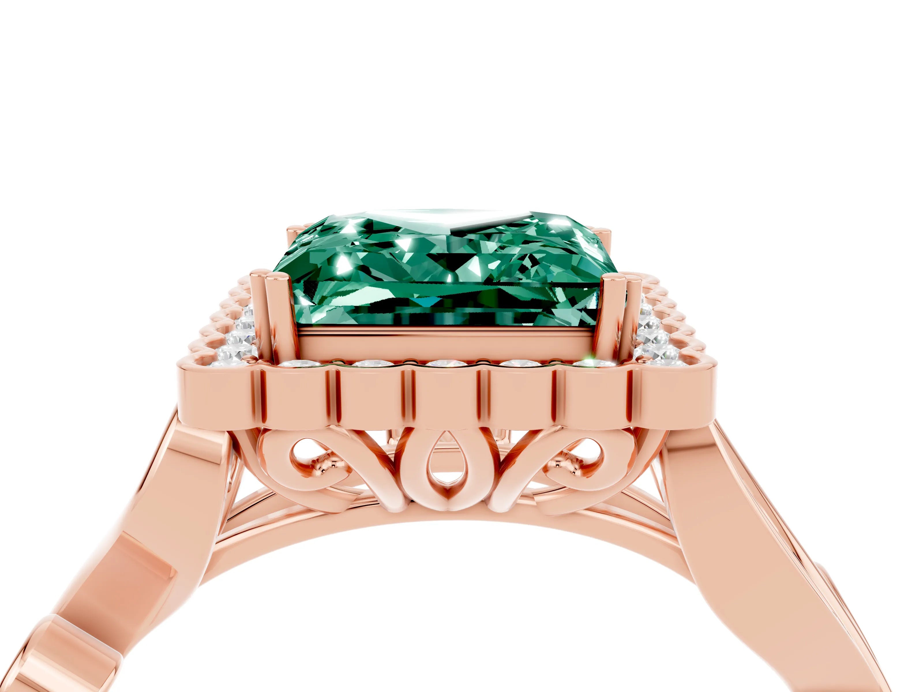 Rose gold Princess Cut Green Sapphire Halo Ring with Vintage Split Shank and Four-Prong Setting_4