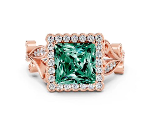 Rose gold Princess Cut Green Sapphire Halo Ring with Vintage Split Shank and Four-Prong Setting